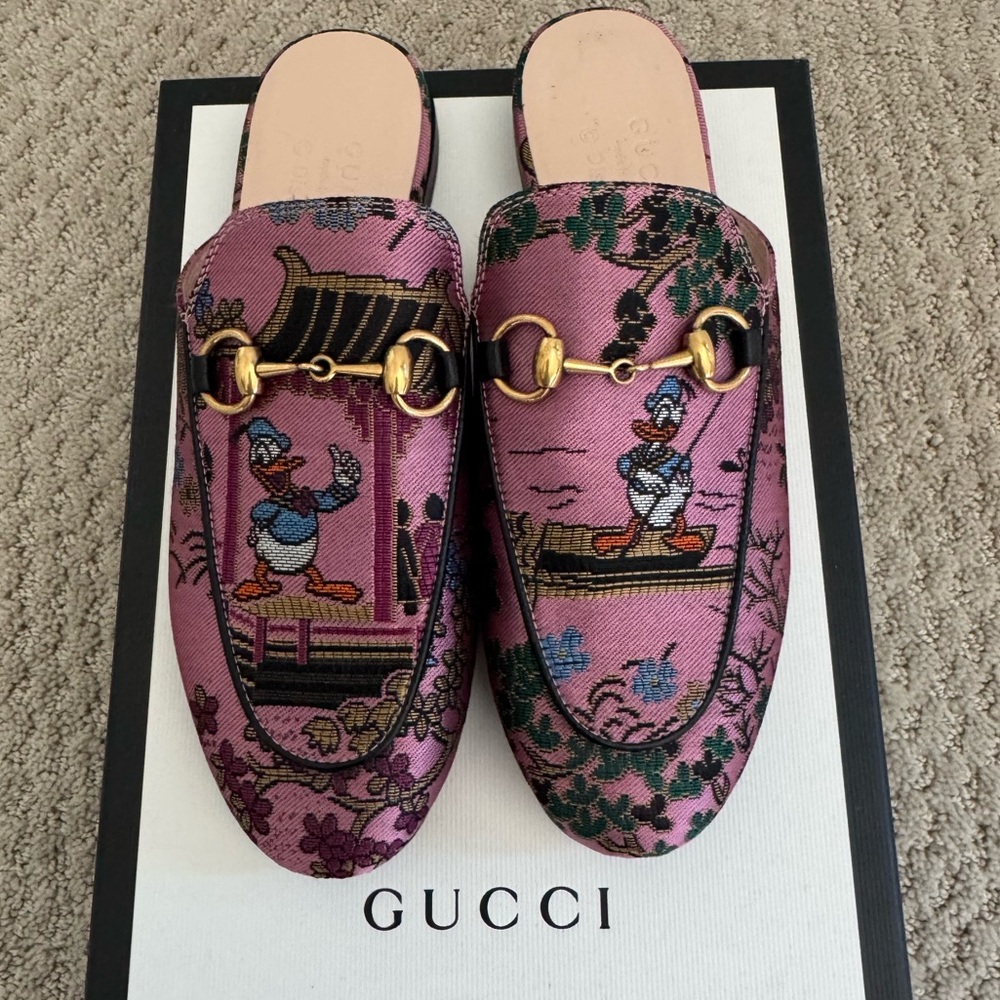 Gucci X Disney Jacquard Japanese Donald Duck Princetown Mules size 34 NIB